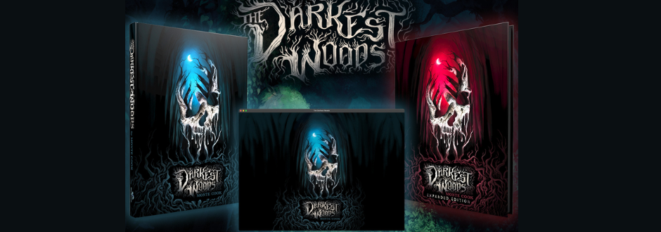 Artwork for The Darkest Woods, showing multiple editions of the game with eerie skull-and-forest designs in blue and red tones against a dark, atmospheric background.