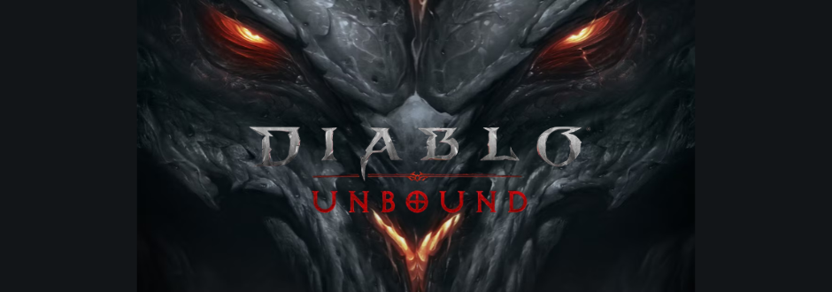 Dark, menacing Diablo: Unbound logo over a demonic face with glowing red eyes.