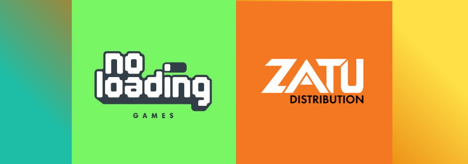 Gradient teal/green (left), “No Loading Games” logo on bright green (centre left), and “Zatu Distribution” logo on orange (centre right).