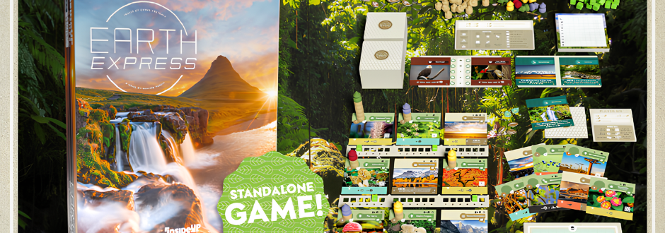 Board game components displayed, including a large box with "Earth Express" title, cards, tokens, and tiles set against a lush forest background.