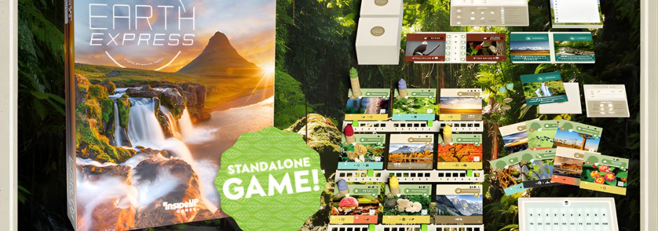 Box of "Earth Express" board game on the left with a vibrant sunset over a waterfall. On the right, game components are scattered, with cards and boxes, set against a lush forest backdrop