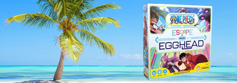 A vibrant board game box, 'One Piece: Escape from Egghead,' stands on a tropical beach with a palm tree and clear blue ocean, conveying adventure and excitement