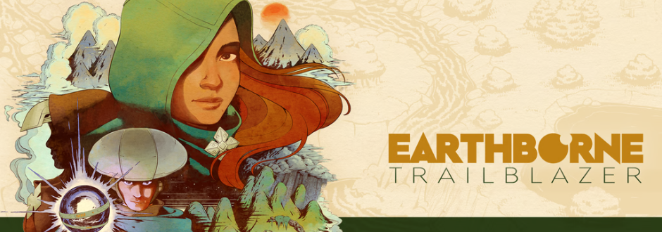 Illustration for 'Earthborne Trailblazer' featuring a hooded figure with flowing hair, a small character below, and mountain scenery in the background. The tone is adventurous and mystical