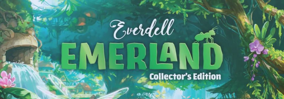 Illustrated banner featuring 'Everdell Emerland Collector's Edition' text in a lush, magical forest with vibrant green foliage and purple flowers