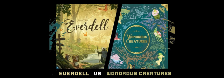 Everdell artwork alongside Wondrous Creatures artwork on a black background