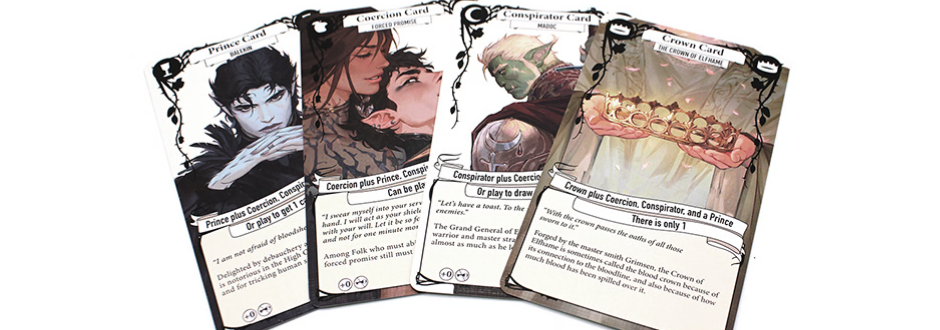 Four illustrated cards fanned out, featuring characters from The Folk of the Air