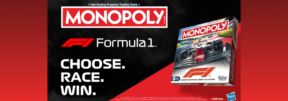 Promotional banner for Monopoly Formula 1 edition board game, featuring an F1 race car, game box artwork, and the slogan “Choose. Race. Win.”
