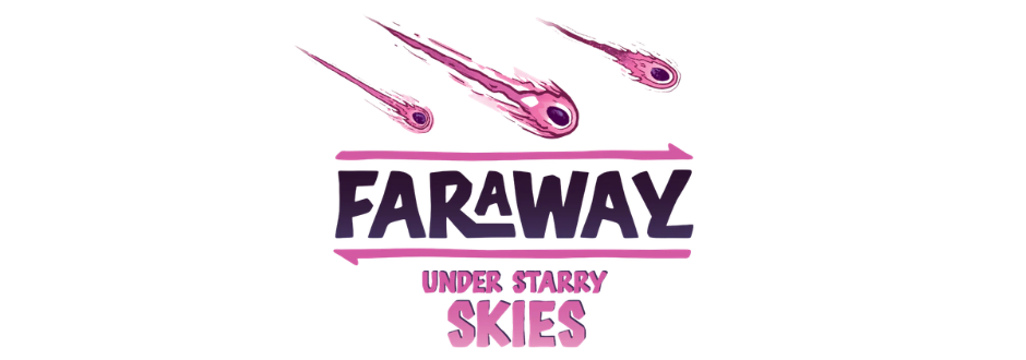 Purple faraway under starry skies logo, with shooting comets artwork