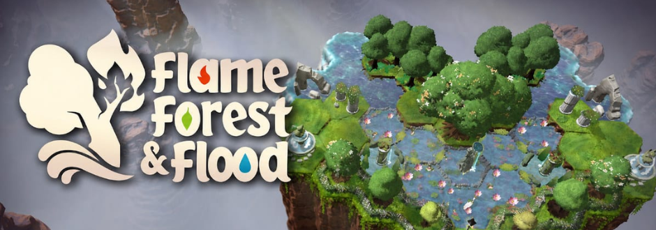 Text on left reads "Flame Forest & Flood" with symbolic fire, leaf, and water icons. Right shows a floating, lush island landscape with trees and stone pillars.