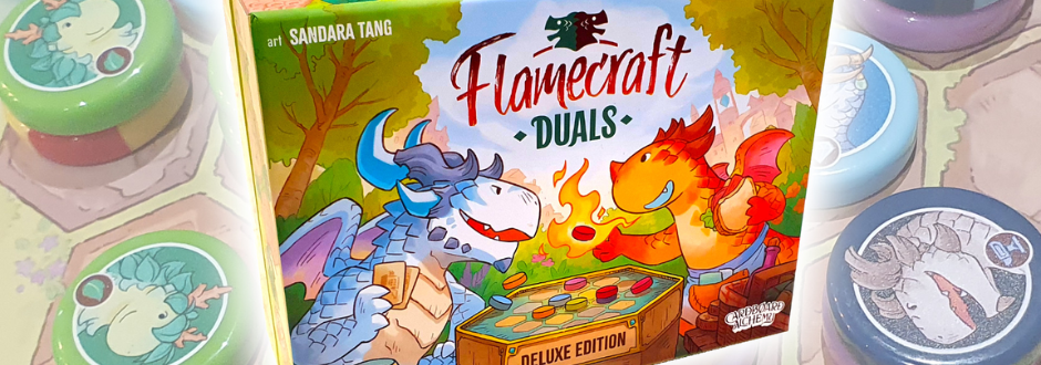 Illustrated game box for 'Flamecraft Duels' Deluxe Edition with colorful dragons playing a board game. Art by Sandara Tang, vibrant and playful