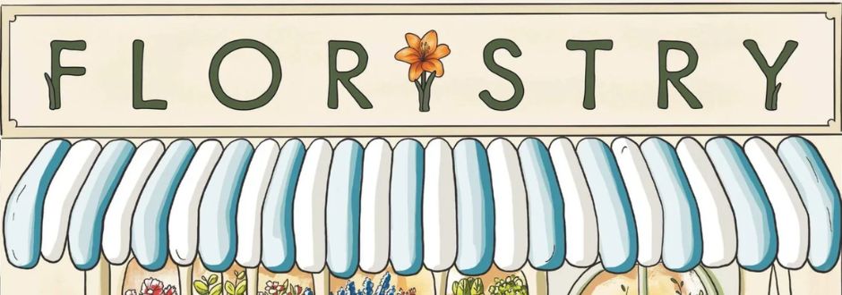 Illustration of a flower shop, with "Floristry" sign featuring an orange flower. Blue and white striped awning below evokes a charming, quaint feel