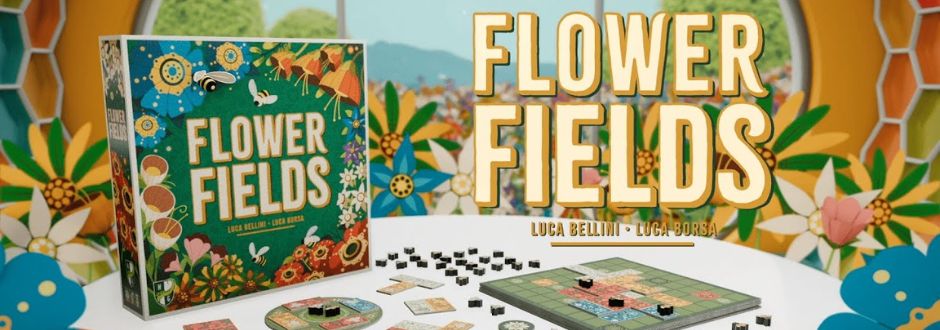 Board game "Flower Fields" displayed with colorful floral art, hexagonal tiles, and game pieces on a table, set against a vibrant background.