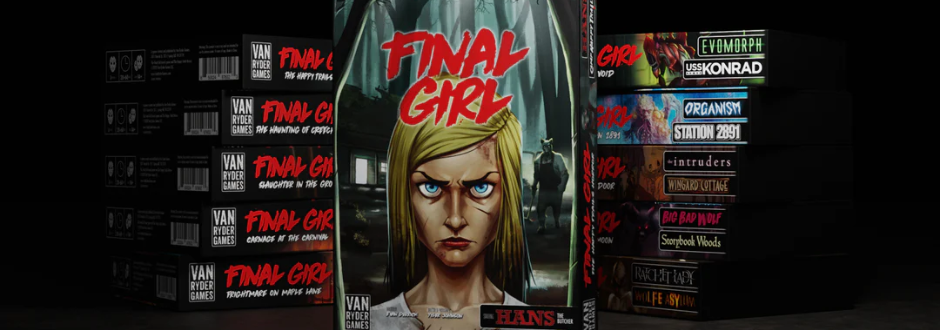A stack of Final Girl horror board game boxes featuring a close-up illustration of a stern blonde woman, surrounded by themed expansion sets with dark, cinematic artwork.