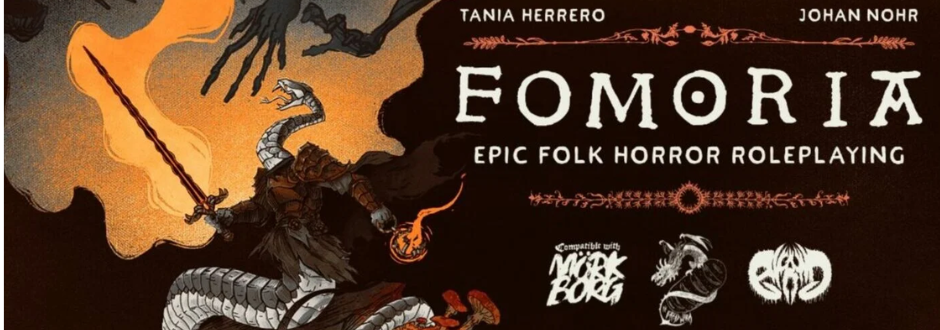 A dark fantasy illustration for Fomoria, showing a snake-bodied warrior wielding a sword and flame, surrounded by shadowy, monstrous figures, with a moody folk-horror aesthetic.