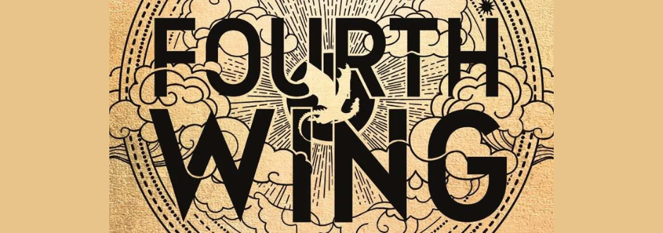 A stylised Fourth Wing title graphic in bold black lettering over an ornate circular design with clouds and a dragon silhouette.