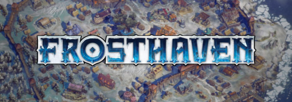 A blurred town in the background with the Frosthaven logo in front