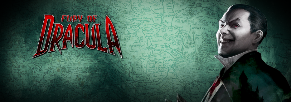 Banner for “Fury of Dracula” featuring a stylized portrait of Dracula smiling menacingly against a vintage map background.