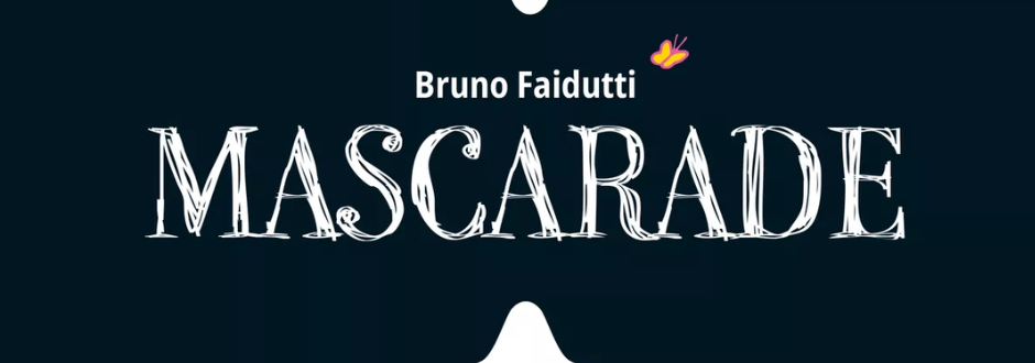 "Mascarade game cover with bold white text on a dark background, featuring the designer's name and a small butterfly, conveying mystery and elegance."