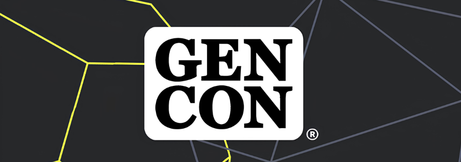 White "GEN CON" text on a black background with intersecting yellow and gray lines, creating a geometric pattern. Simple, modern design.