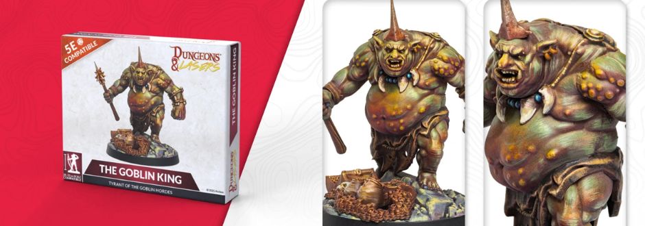 Tabletop game box featuring "The Goblin King" miniature. The creature is depicted with a club and vivid, intricate details, set against a red background.