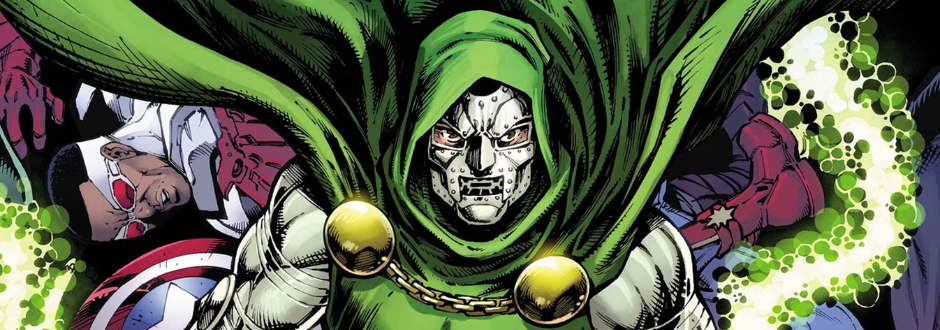Green and white character Doom stands surrounded by various other Magic: The Gathering characters