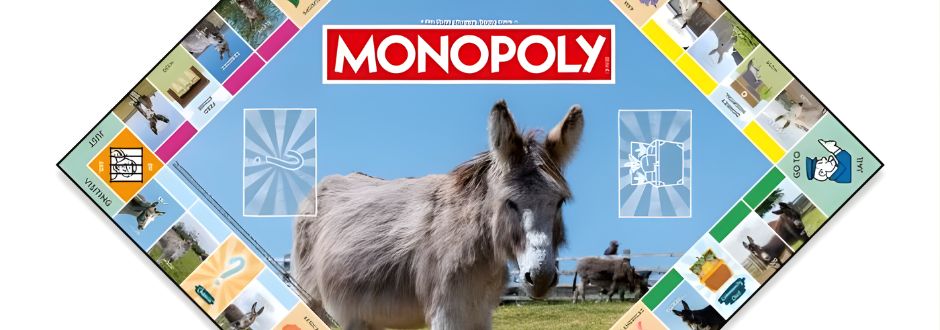 Monopoly board featuring a donkey theme. A central donkey image is surrounded by property spaces with donkey photos. Bright, playful, and lighthearted.