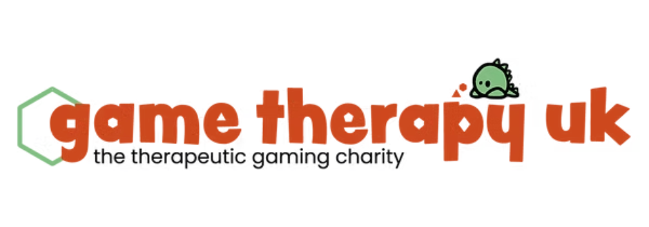 Logo reading ‘game therapy uk’ in bold orange text, with a green hexagon icon on the left and a small green game controller character