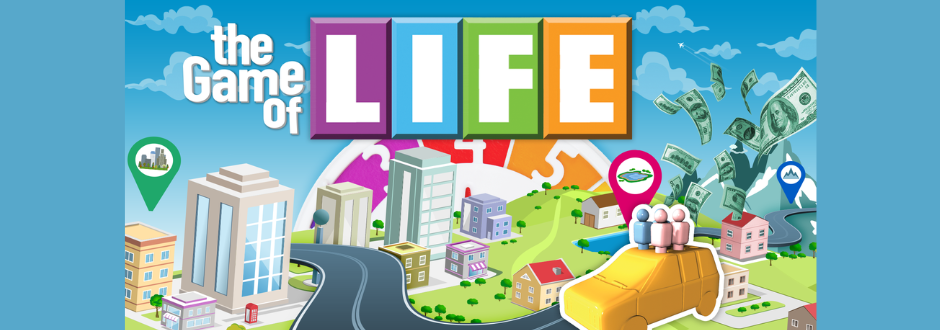 The Game of Life board game logo on a blue background