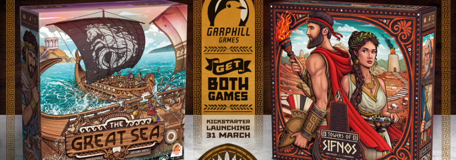 Promotional image featuring two illustrated board game boxes: “The Great Sea,” showing a ship sailing rough waves, and “Towers of Sifnos,” depicting two ancient Greek figures