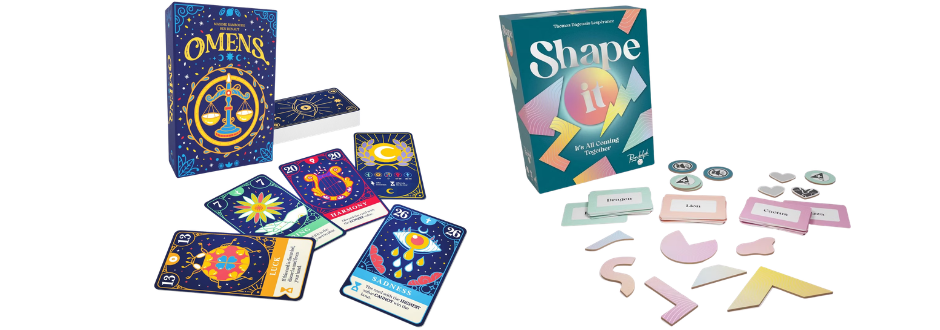 Boxes of two card games are shown. "Omens" features colorful, mystical-themed cards. "Shape It" includes pastel shape pieces and task cards.