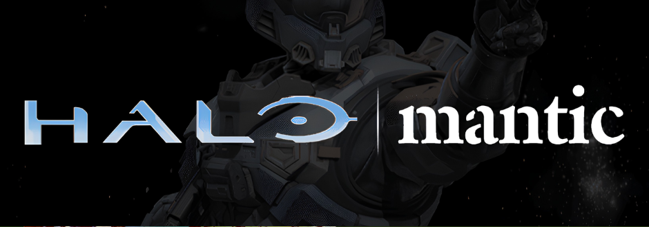 The image features the word "HALO" in blue, metallic text, beside the word "mantic" in white. A futuristic armored figure is in the dark background.