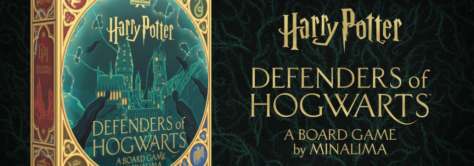Box cover of "Harry Potter: Defenders of Hogwarts" board game by MinaLima. Features Hogwarts castle surrounded by flying creatures, set in a mystical, ornate frame.