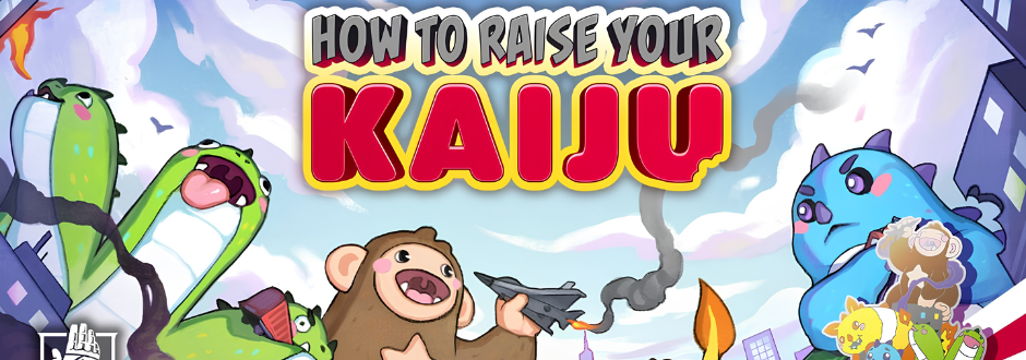 Colorful cartoon image of monster chaos with cute, exaggerated creatures. A baby monkey holds a plane. Text reads "How to Raise Your Kaiju" in bold. Playful tone.