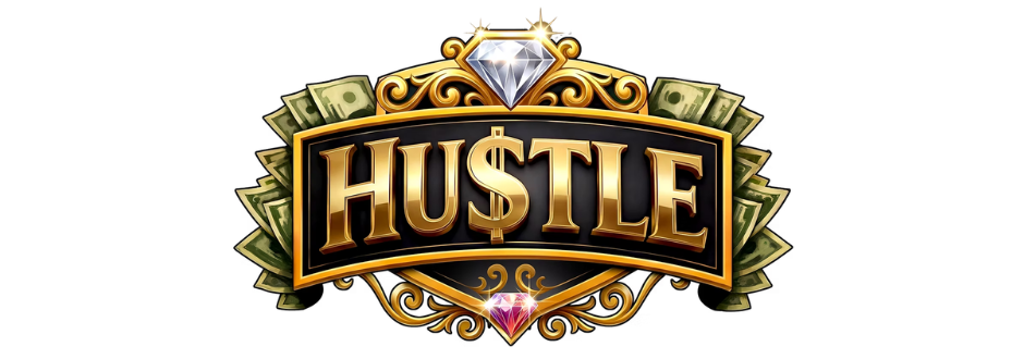 Golden "HU$TLE" text on a black background, framed by a border of dollar bills. A large diamond sits atop, exuding an opulent and ambitious tone.