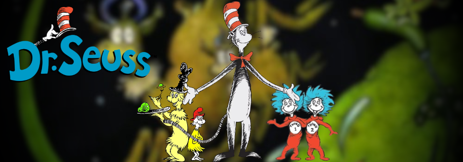 Some Dr Seuss Characters with the Dr Seuss logo in the background