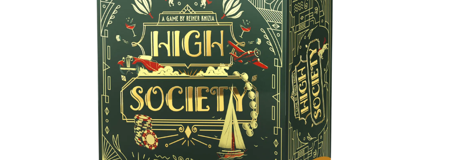 A stylish High Society board game box with elegant, vintage-inspired artwork, featuring gold detailing, playing chips, and luxury-themed illustrations on a dark green background.