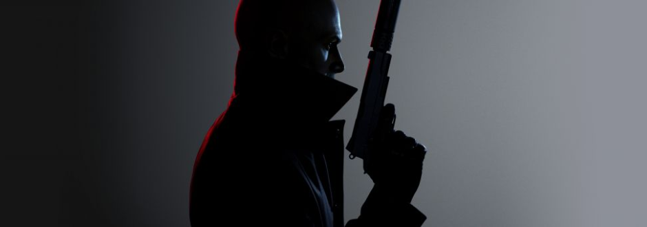 Silhouetted figure in a high-collared coat holding a pistol with a suppressor, lit dramatically from behind with red and cool tones.