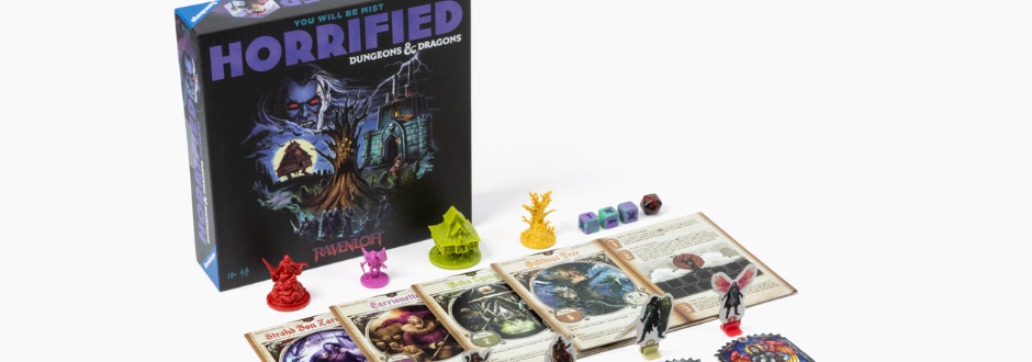 Boxed board game “Horrified: Dungeons & Dragons” displayed with colourful miniatures, dice, and character cards spread out on a table.