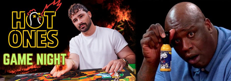 The hot ones logo with the host rolling a flaming die, there is text that says 'Game Night' and a photo of Shaq after having a spicy wing