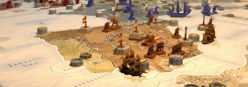 A strategic board game map depicting Europe with detailed miniature ships and fortresses. The nautical theme conveys a sense of historical exploration.