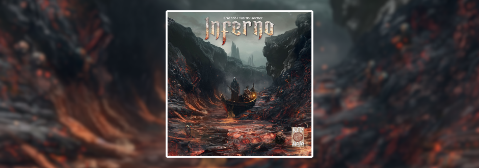Dark fantasy cover titled “Inferno”: a lone boat drifts along a glowing lava river through a smoky, fire-lit canyon