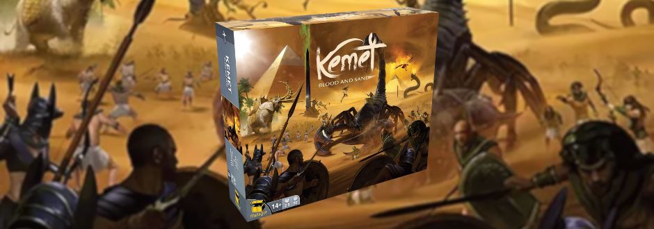 Box cover of "Kemet: Blood and Sand" with an epic Egyptian battle scene featuring warriors, mythical creatures, and a blazing sunset in the background.