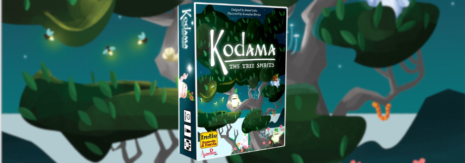 Box cover of "Kodama: The Tree Spirits" against a whimsical forest backdrop. The art features tree branches, glowing orbs, and tree spirits.
