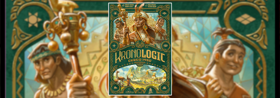 Cover art for the board game "Kronologic: Cuzco 1450," featuring Incan figures in traditional attire, intricate patterns, and an ancient cityscape.