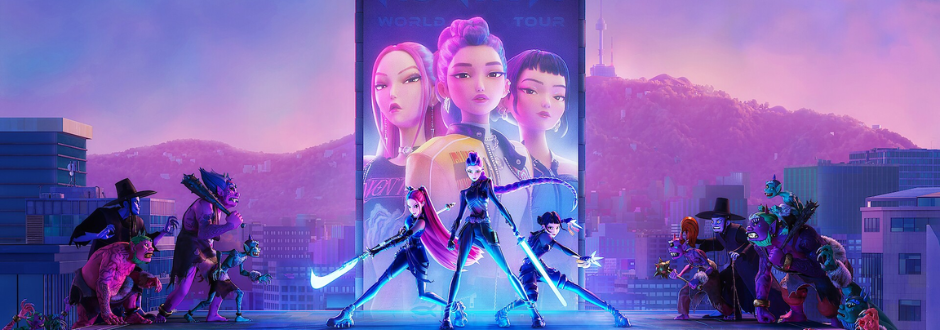A neon-lit K-pop group poses centre stage before a city backdrop, with a giant billboard behind them and demon creatures gathering on either side.
