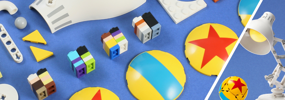 Assorted colorful LEGO pieces arranged on a blue background, featuring geometric shapes, a lamp, and yellow-and-red star decals, creating a playful tone.