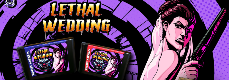 Comic book-style image with a fierce woman holding a gun, set against a purple spiral background. Bold yellow text reads "Lethal Wedding." Two game cartridges with the same title are shown, featuring a monstrous face