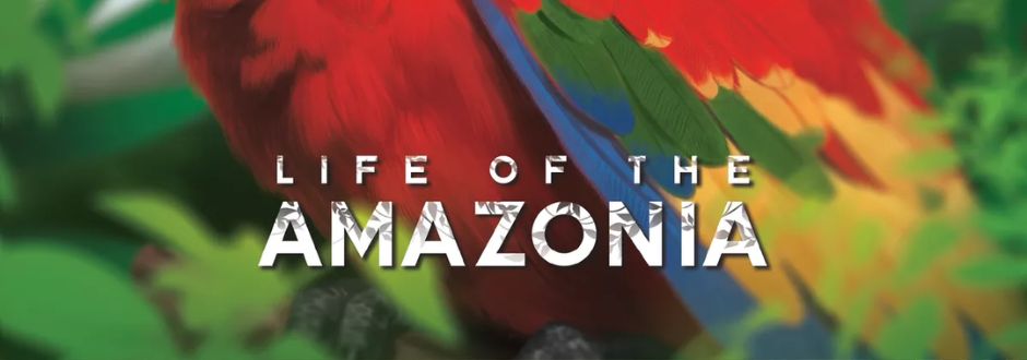 Colorful parrot with red, blue, and yellow feathers amidst green foliage. Bold white text overlay reads "Life of the Amazonia." Vibrant and lively.