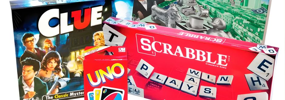 A collection of board games, including "Clue," "Scrabble," "Monopoly," and "UNO." Colorful and engaging, evoking fun and camaraderie.