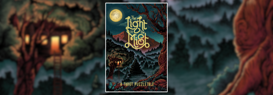 Cover of "The Light in the Mist" showing a mystical forest scene. A glowing lantern hangs from a tree with a full moon illuminating the night sky.